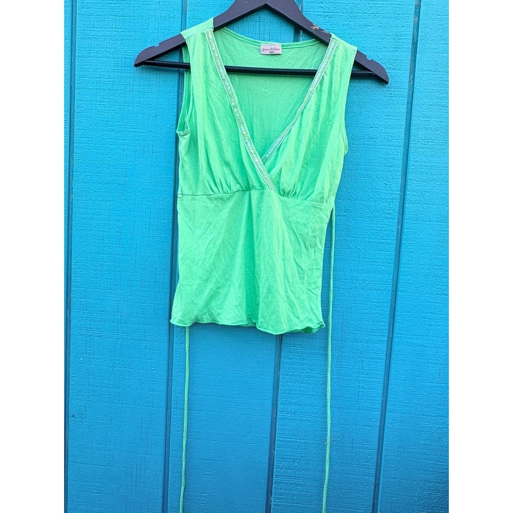 Rare Y2K Lime Green Sequin Beaded Trim V-Neck Waist‎ Tie Tank Top Dopamine Small